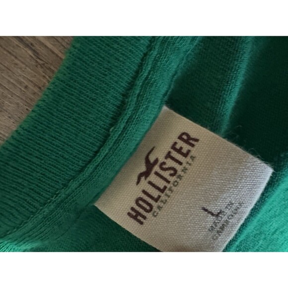 Y2K Hollister Green V-neck Glitter Graphic Tee Bird Logo GUC Large Surf Classi - Picture 4 of 6